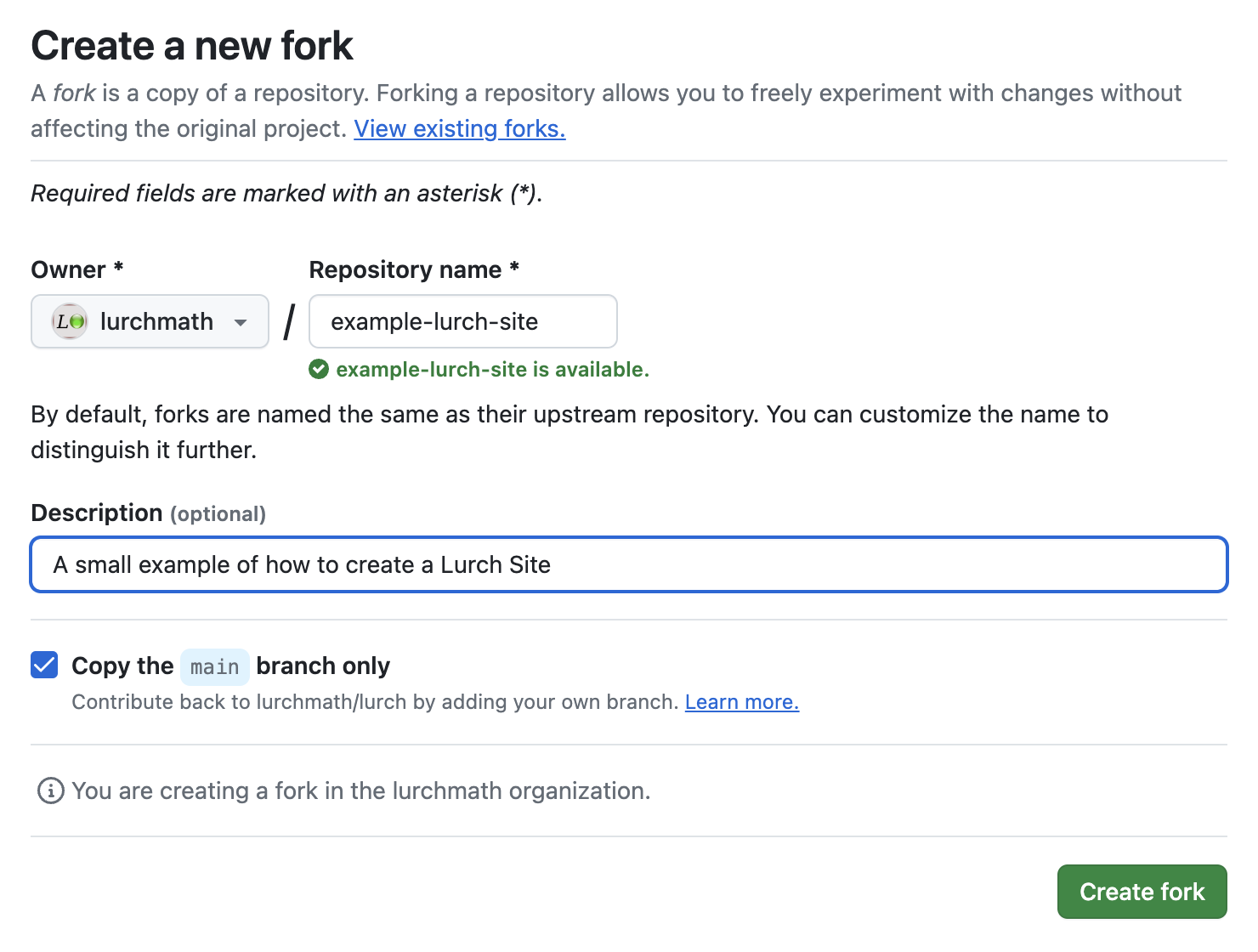 Screenshot of the GitHub user interface for repository forking