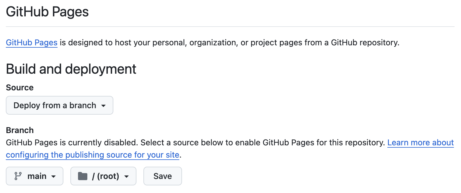 Screenshot of the GitHub user interface for GitHub pages settings