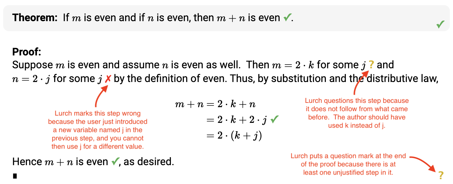 Screenshot of a proof containing two mistakes, graded by Lurch