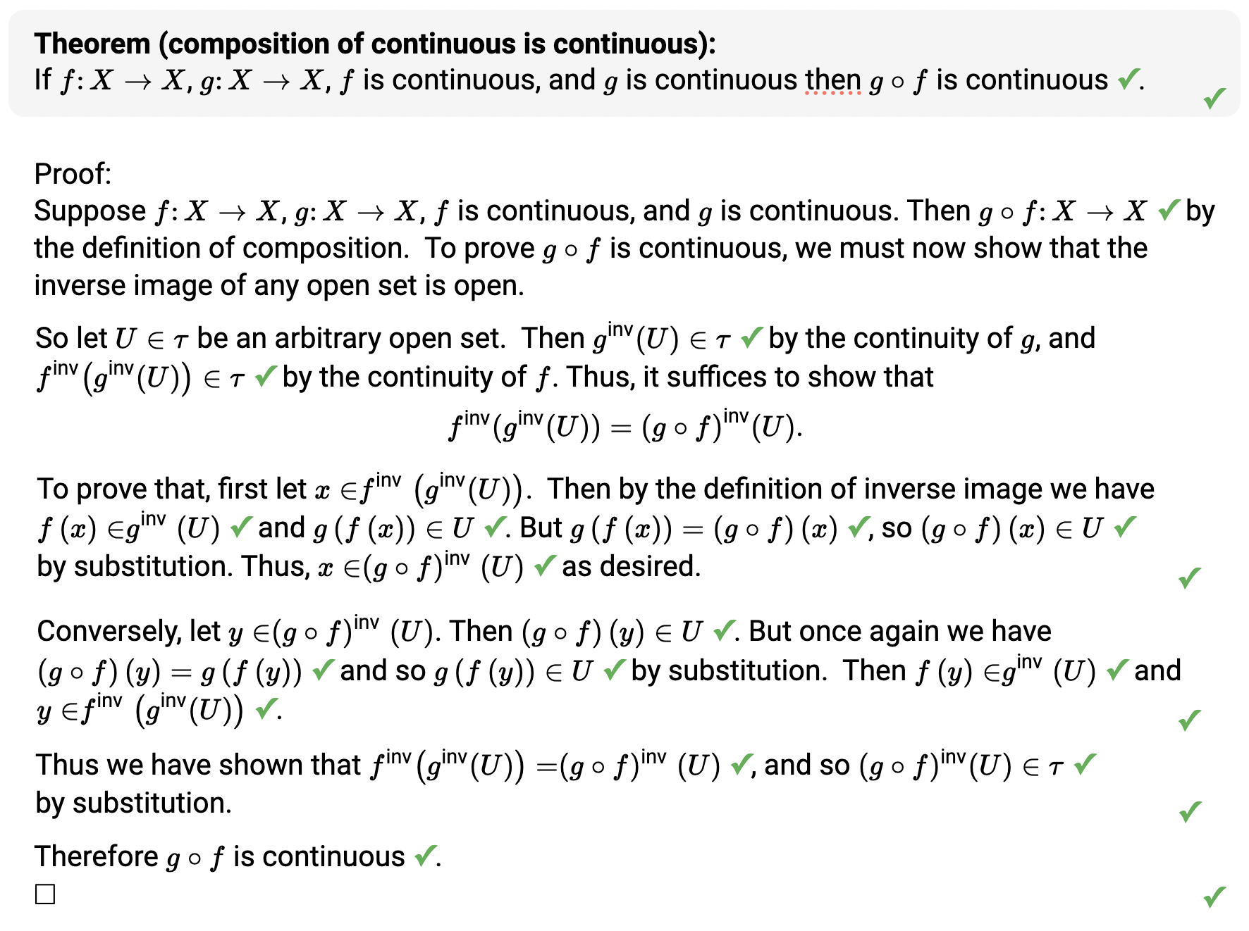 Screenshot of a proof in point-set topology, graded by Lurch